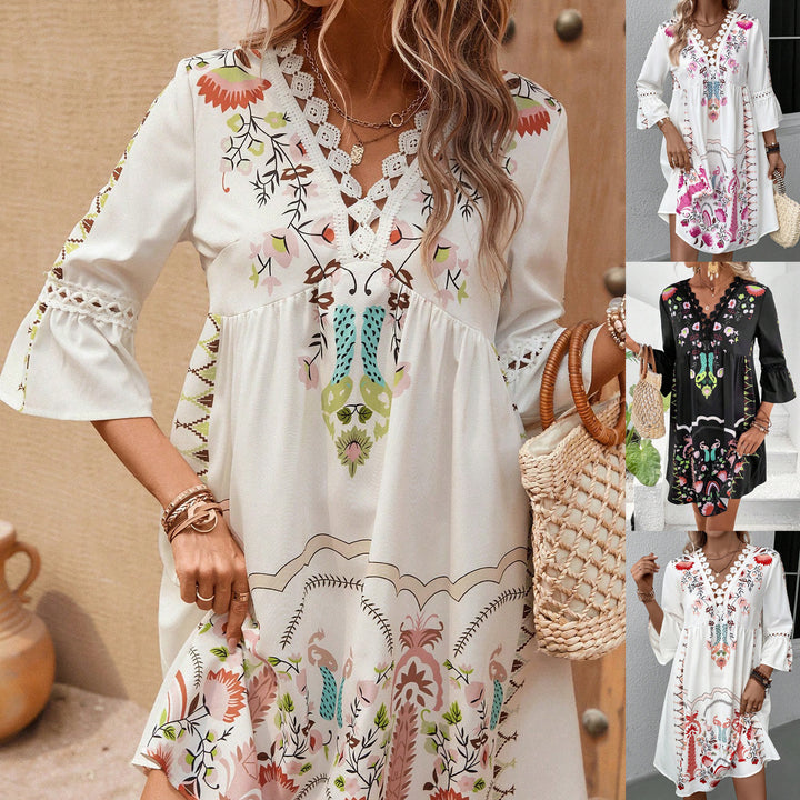 Damen Boho-Kleid mit Stickerei, Häkel-V-Ausschnitt und ausgestellter A-Linie Drune