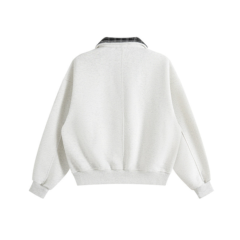 Unisex Lagenlook-Sweatshirt mit eingenähtem Karokragen und seitlichen Einschubtaschen Drune