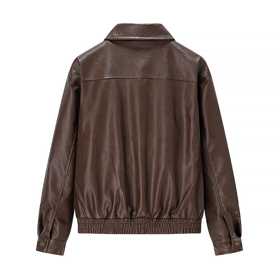Damen nan kastige Kunstleder‑Fliegerjacke mit Hemdkragen, aufgesetzten Pattentaschen und elastischem Saum Drune