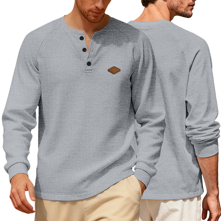 Herren nan Waffelstrick-Henley Langarmshirt mit Raglanärmeln, Halbknopfleiste und Lederlabel Drune