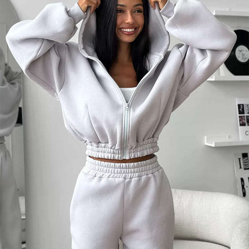 Damen Taillierter Zip-Overall im Loungewear-Stil mit Kapuze, Balloonärmeln und hoher Bundkante Drune