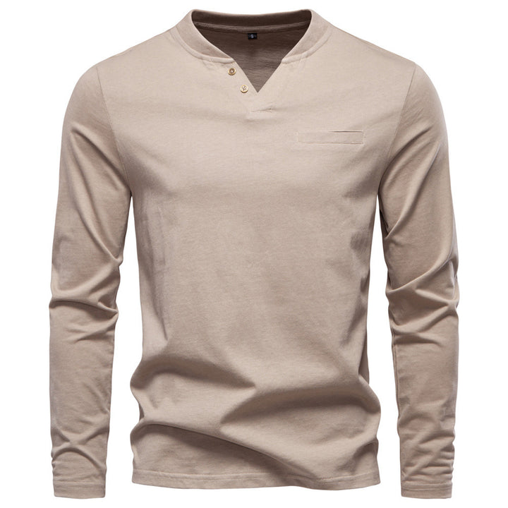 Herren nan tailliertes Langarmshirt im Henley-Stil mit kurzem V-Ausschnitt, Zierknöpfen und Brustleistentasche Drune