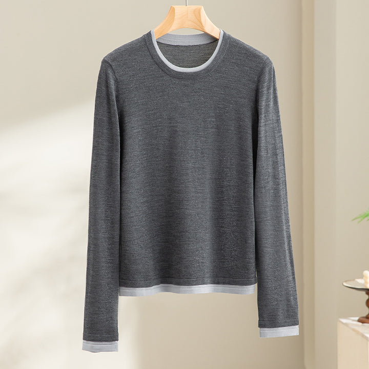 Damen Leichter Feinstrick-Langarmpullover mit Kontrastbündchen und Rundhalsausschnitt Drune