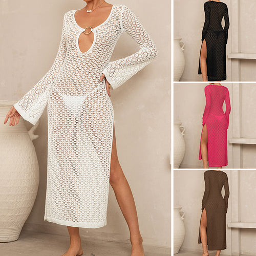 Damen Häkel-Maxikleid mit tiefem Ausschnitt und weit ausgestellten Ärmeln Drune