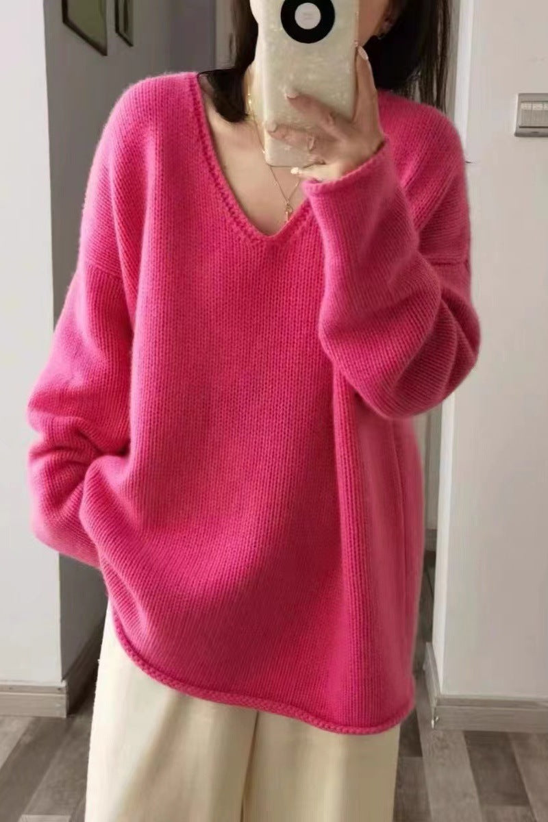 Damen Oversize V‑Ausschnitt Pullover im Mohair‑Look mit überschnittener Schulter und gerundetem Saum Drune