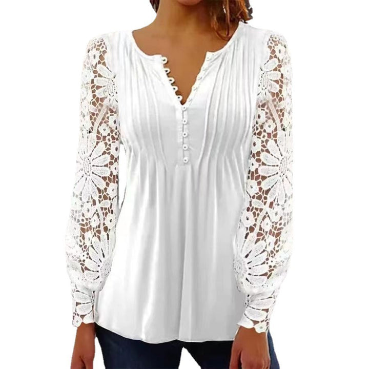 Damen Floral Viskosemischung Bluse mit Häkelärmel und V-Ausschnitt Drune