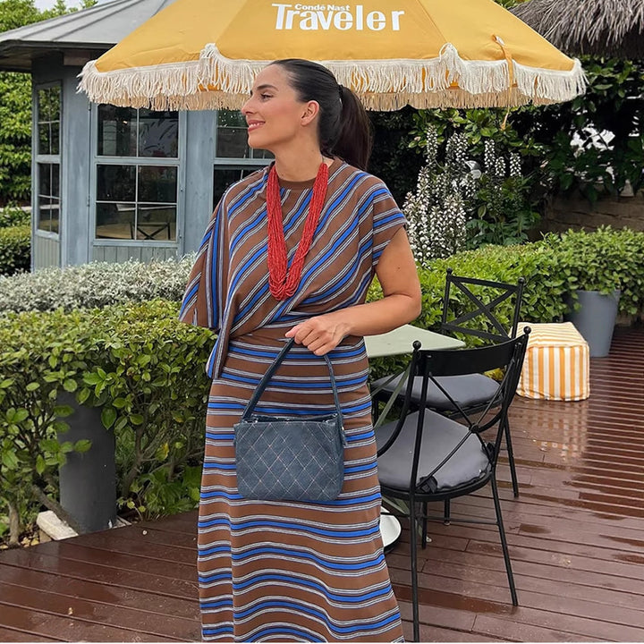 Damen Gestreiftes Maxikleid mit asymmetrischer Cape-Ärmelung & taillierter Silhouette Drune
