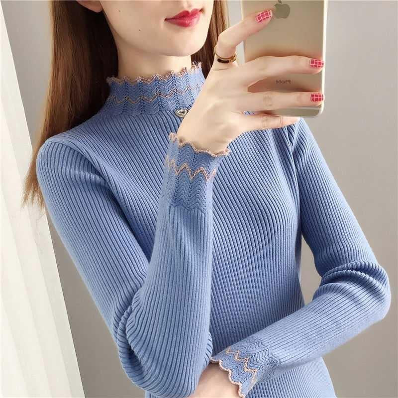 Damen Strickpullover mit steigendem Kragen und Wellenmuster Drune