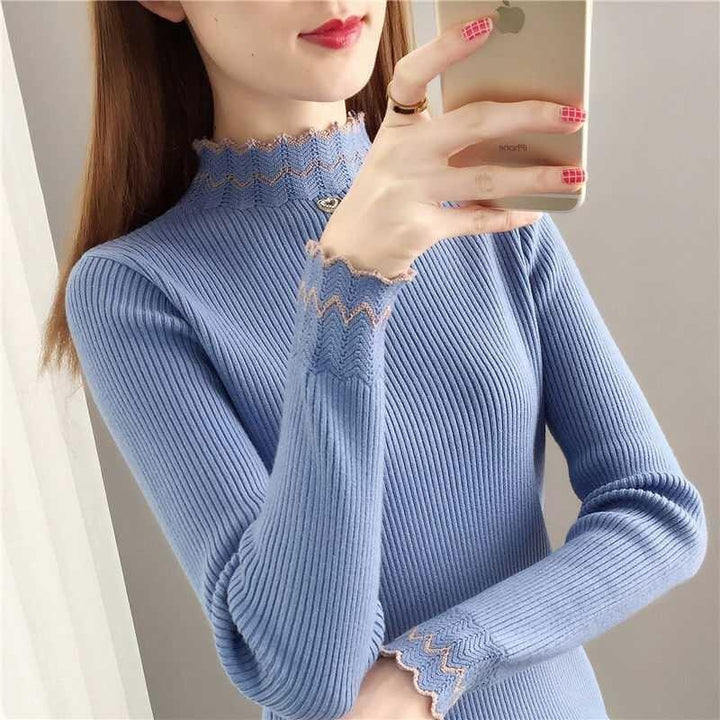 Damen Strickpullover mit steigendem Kragen und Wellenmuster Drune