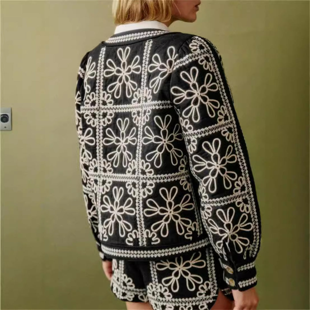 Damen gestickte Blumenjacke mit Volumenärmeln Drune
