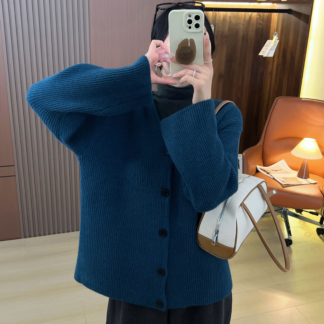 Damen lässiger Strickcardigan mit tiefem V-Ausschnitt und Knopfverschluss Drune