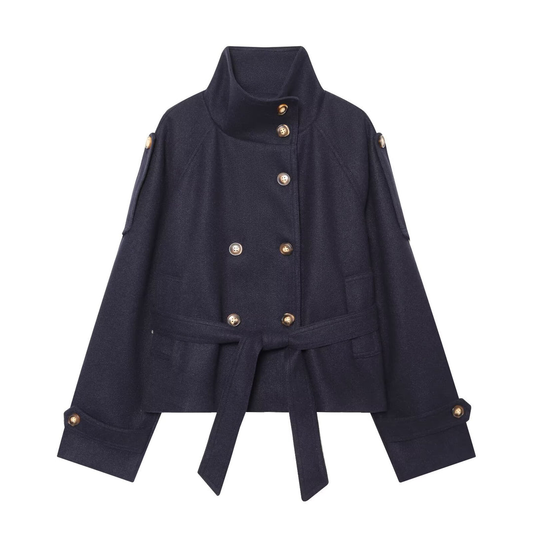 Damen Kurzcape aus Wollmix mit hohem Stehkragen, Doppelreihe und Bindegürtel Drune