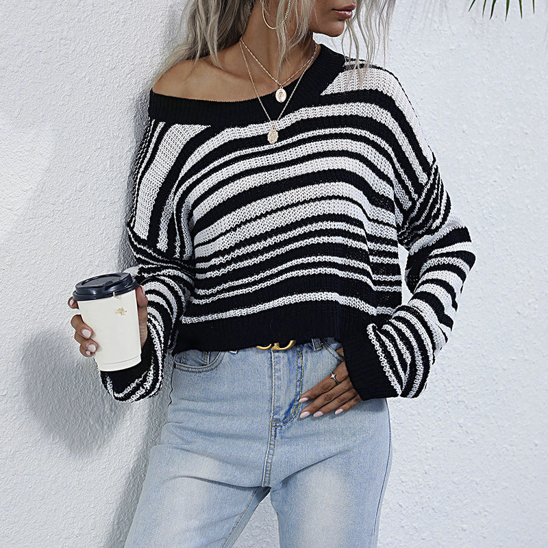Damen Cropped-Strickpullover mit Off-Shoulder, lockerer Oversize-Passform & Streifenmuster Drune