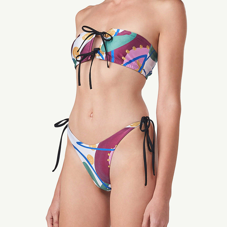 Damen Bandeau-Bikini mit verspieltem Muster und Bindebändern Drune