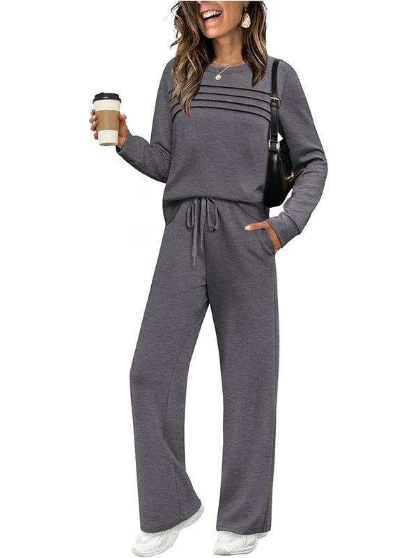 Damen Zweiteiliges Lounge-Set mit Plissee-Detail, Rundhals-Sweatshirt und weitem Kordel-Hose Drune