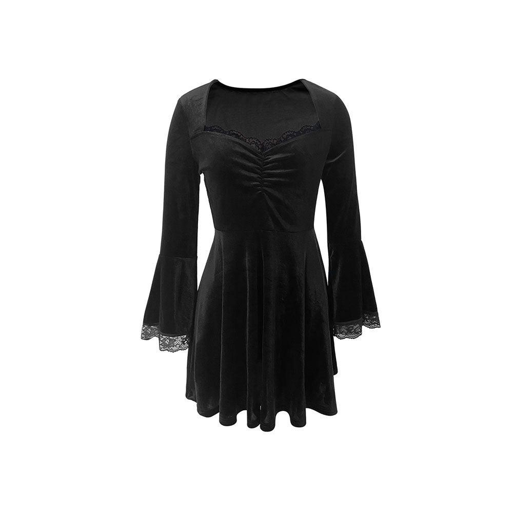 Damen Samt-Kleid mit gerafftem Bustier, quadratischem Ausschnitt und Spitzen-Glockenärmeln Drune