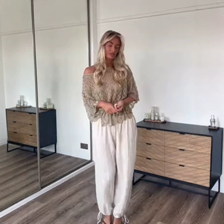 Damen Off-Shoulder Häkel-Strickbluse mit Tunnelzug und Volumenärmeln Drune