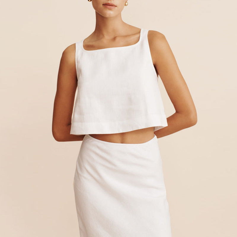 Damen lässiges Crop-Top aus hochwertigem Leinen mit geometrischem Schnitt und lockerer Passform Drune