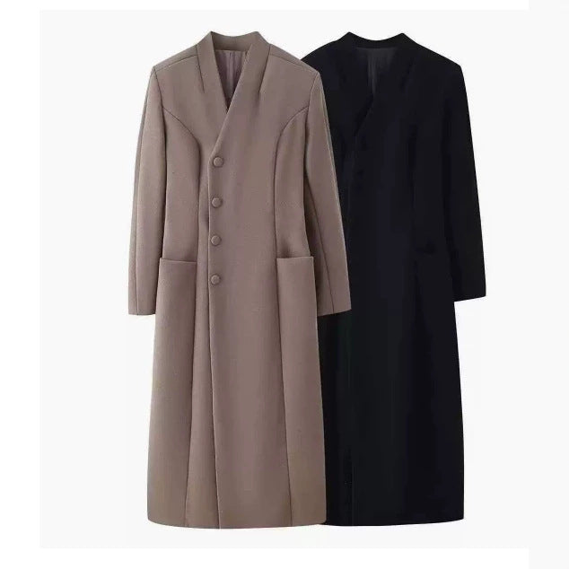 Damen 100+ langer taillierter Mantel mit Stehkragen, verdeckter Knopfleiste und aufgesetzten Taschen Drune