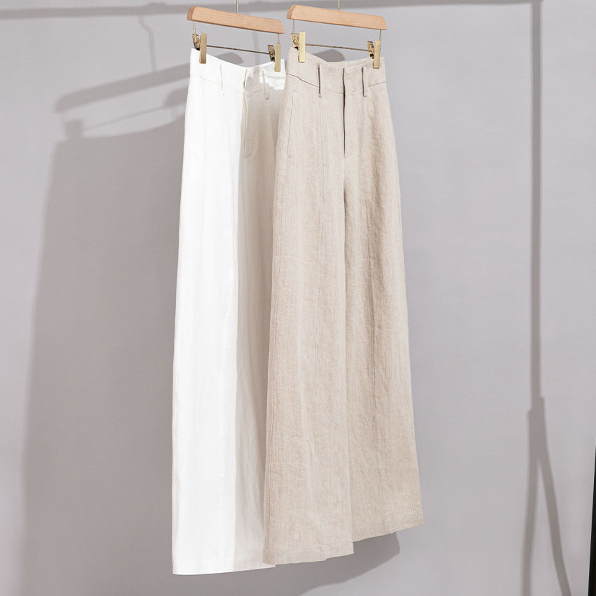 Damen Hochtaillierte Leinenhose mit weitem Bein, Bügelfalte und Gürtelschlaufen Drune
