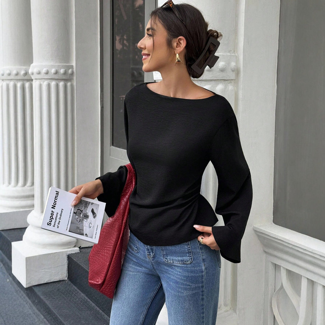 Damen Bootneck-Langarmshirt mit weitem Manschettenärmel und figurbetonter Seitennaht Drune