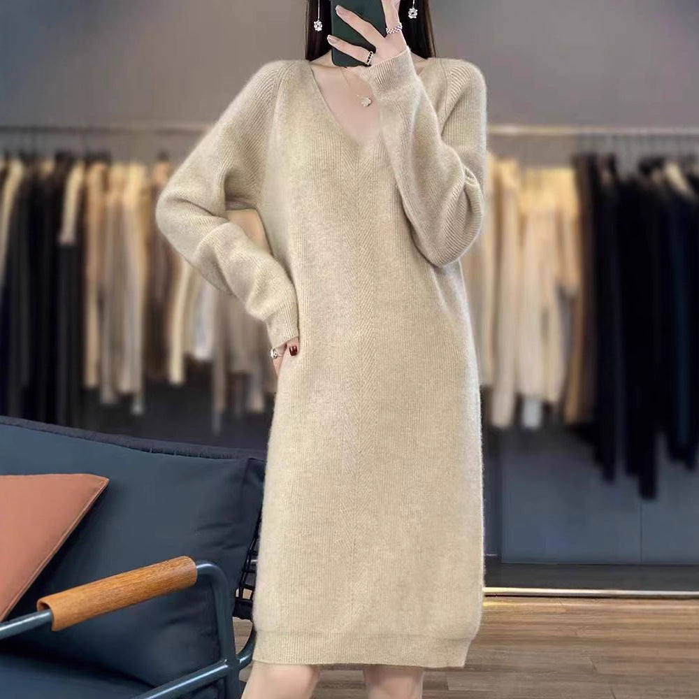 Damen gemütliches Strickkleid mit V-Ausschnitt und lässigem Schnitt Drune