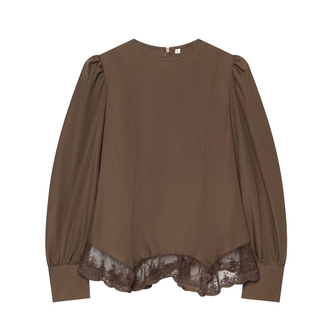 Damen Romantische Bluse mit Puffärmeln und Spitzenbesatz Drune