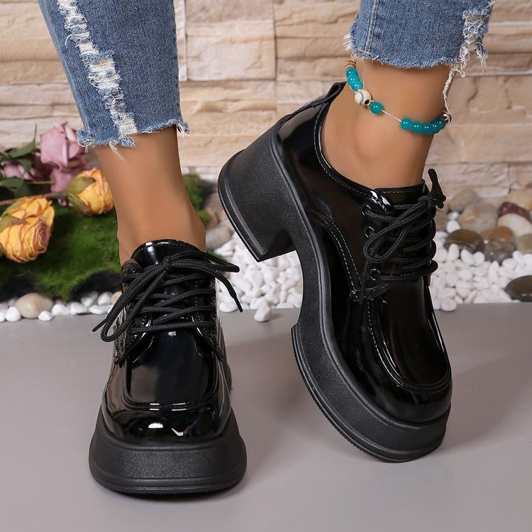 Damen Schnürschuhe mit glänzender Oberfläche und modischem Blockabsatz Drune