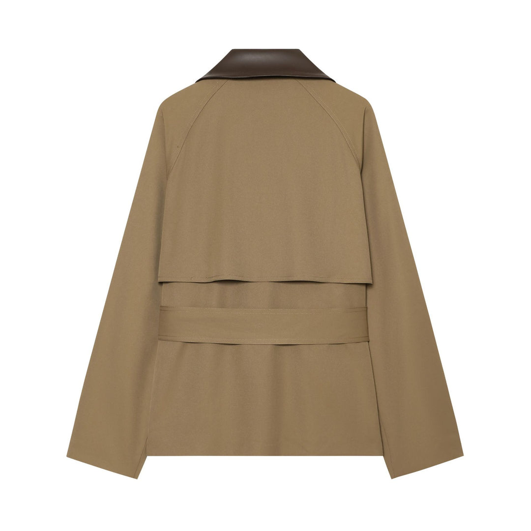 Damen nan kurz geschnittener Trenchcoat mit kontrastierendem Kunstlederkragen, Doppelreiher und Taillengürtel Drune