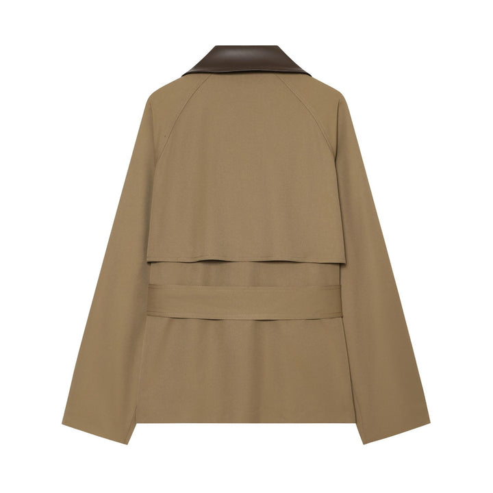 Damen nan kurz geschnittener Trenchcoat mit kontrastierendem Kunstlederkragen, Doppelreiher und Taillengürtel Drune