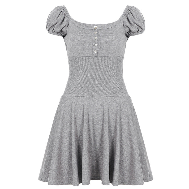 Damen elegantes Kleid mit Puffärmeln und Knopfleiste Drune