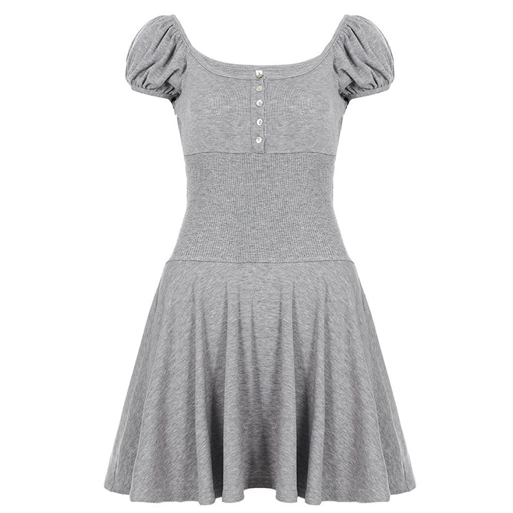 Damen elegantes Kleid mit Puffärmeln und Knopfleiste Drune