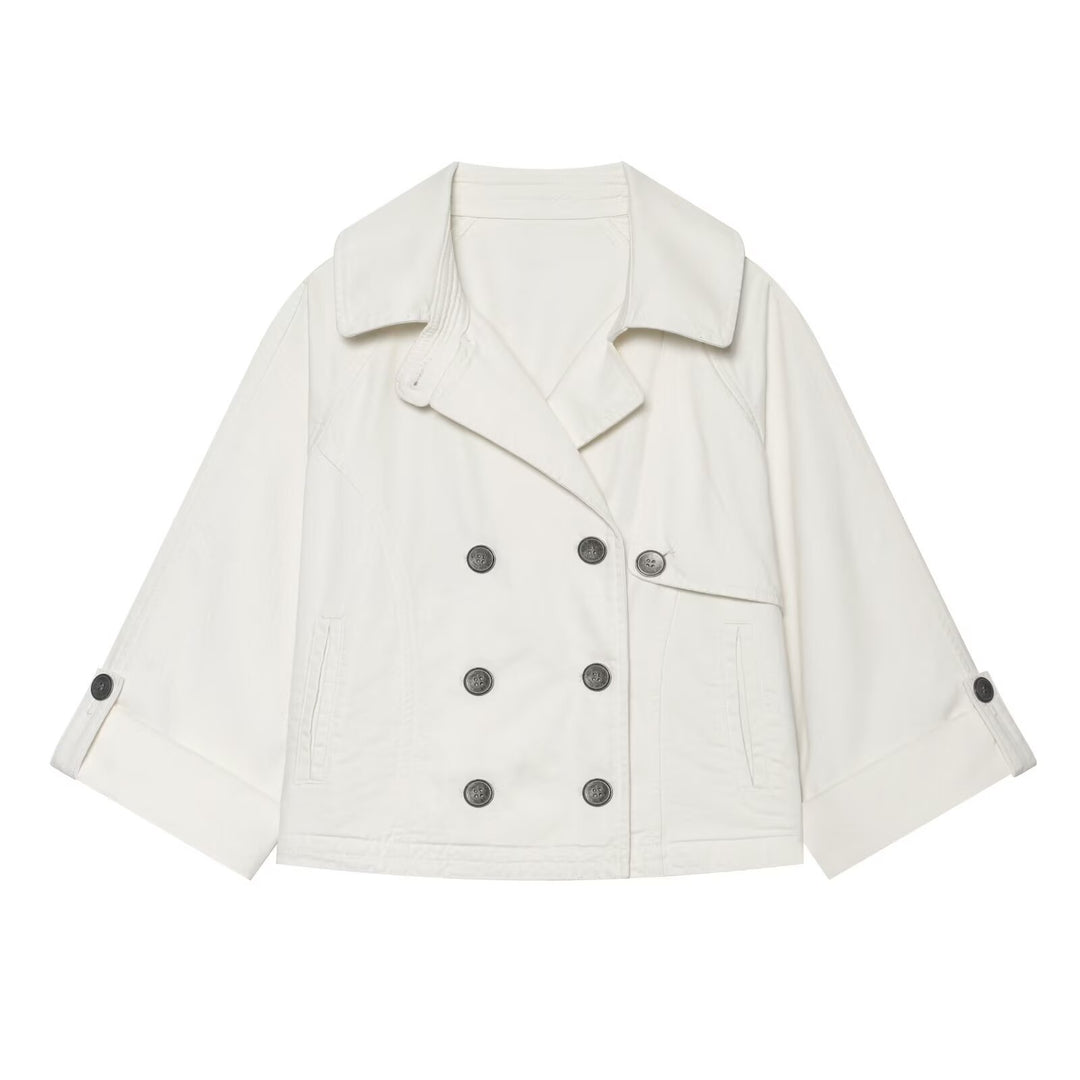 Damen Kurzes Doppelreihiges Trench‑Cape mit weitem Kragen und dreiviertel Ärmeln Drune