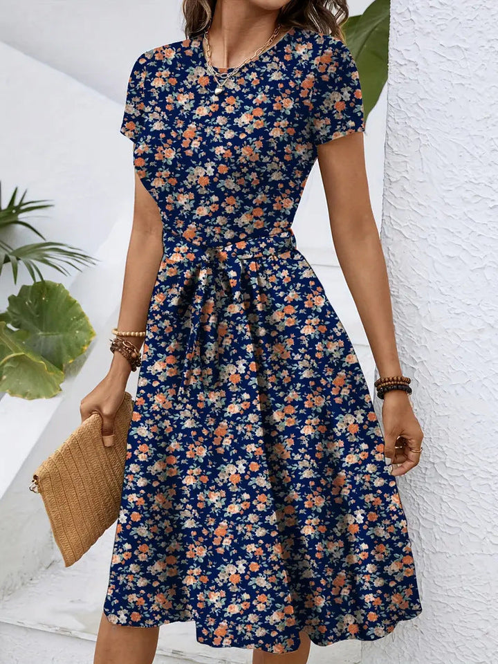 Damen Elegantes Midikleid mit floralem Design und Taillengürtel Drune