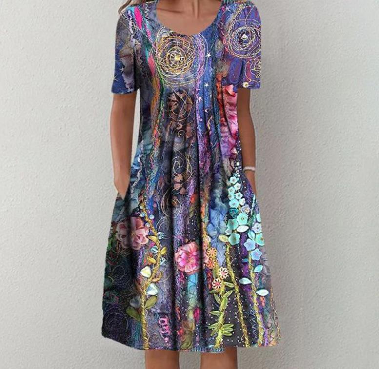 Frauen Mehrfarbige A-Linien Midi Kleid mit Taschen und Abstraktem Blumenmuster Drune