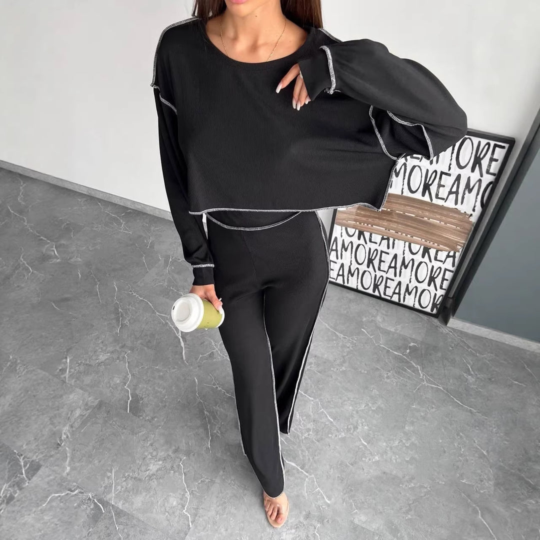 Damen Cropped Oversized-Sweatshirt mit Overlocknähten und High-Waist ausgestellter Hose Set Drune