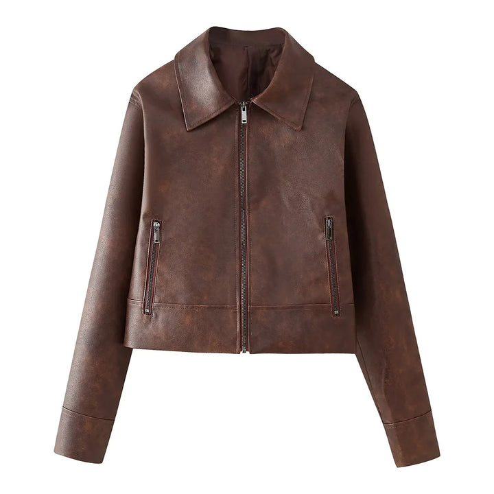 Damen nan kurz geschnittene Lederimitat-Jacke mit Reißverschluss, spitzem Kragen und Reißverschlusstaschen Drune