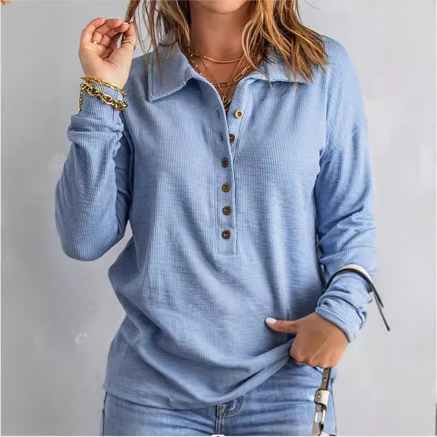 Damen Langarm-Waffelshirt mit Hemdkragen und Knopfleiste Drune