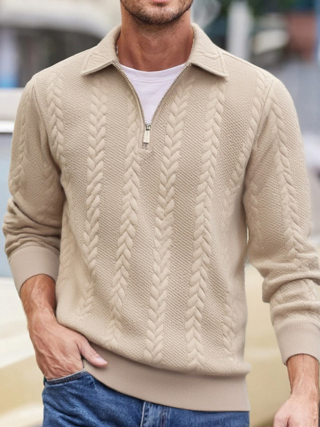 Herren Feinstrukturierter Zopfstrickpullover mit Kurzreißverschluss und Kentkragen Drune