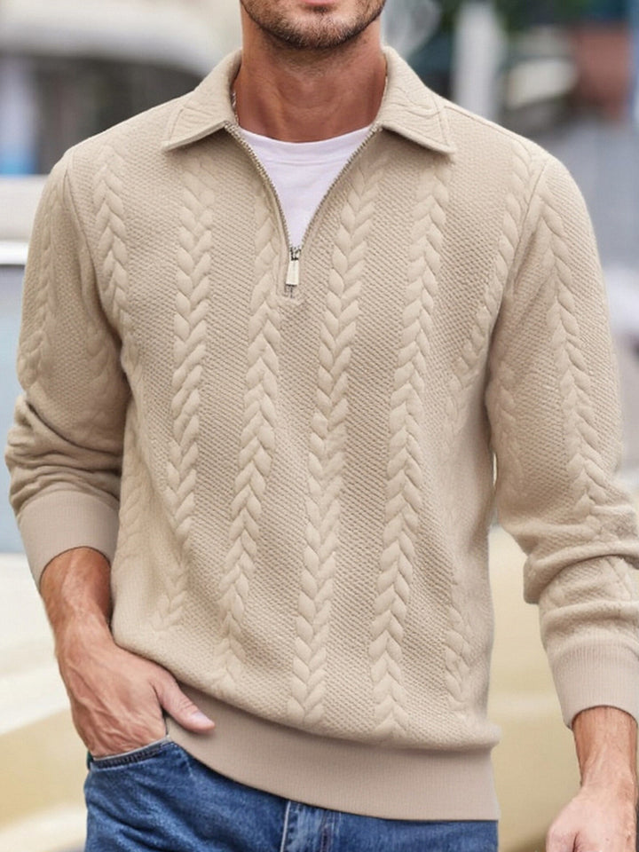 Herren Feinstrukturierter Zopfstrickpullover mit Kurzreißverschluss und Kentkragen Drune