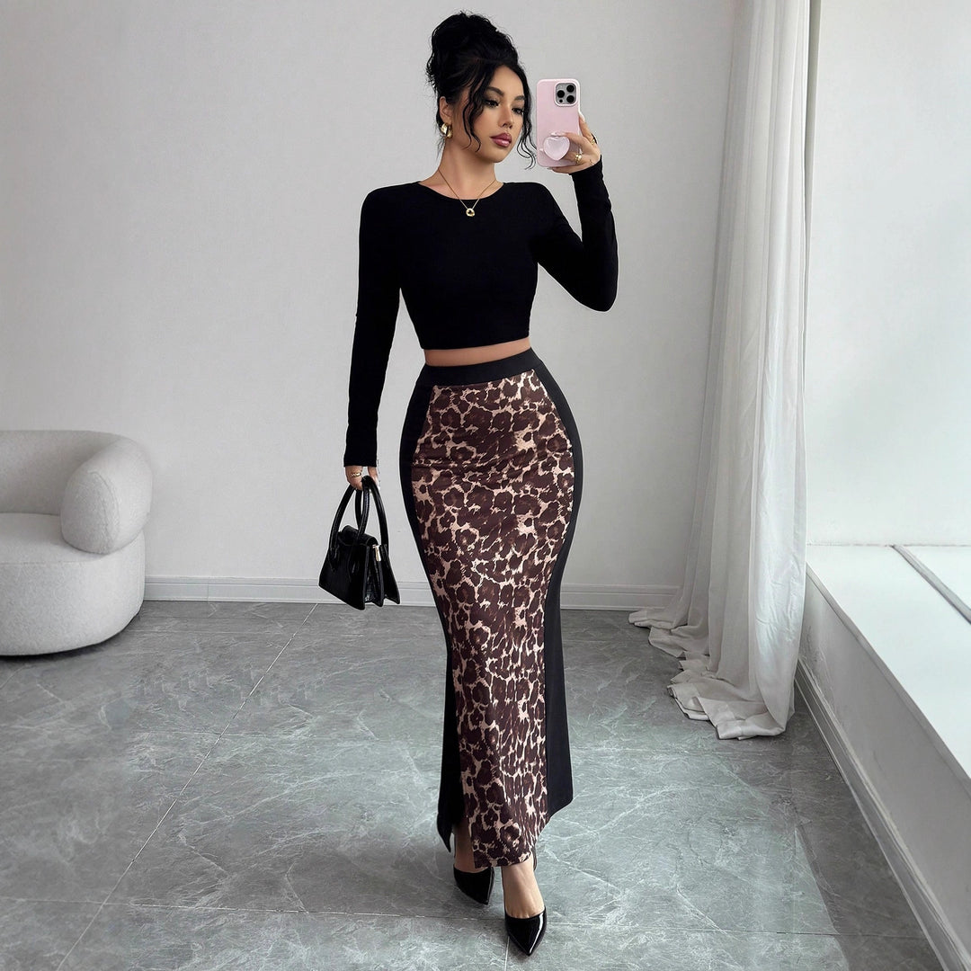Damen nan taillierter Bleistiftmidirock mit Animal-Print-Mittelbahn und seitlichem Oberschenkel-Schlitz Drune