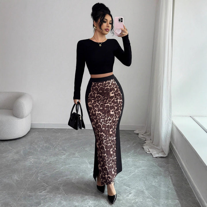 Damen nan taillierter Bleistiftmidirock mit Animal-Print-Mittelbahn und seitlichem Oberschenkel-Schlitz Drune