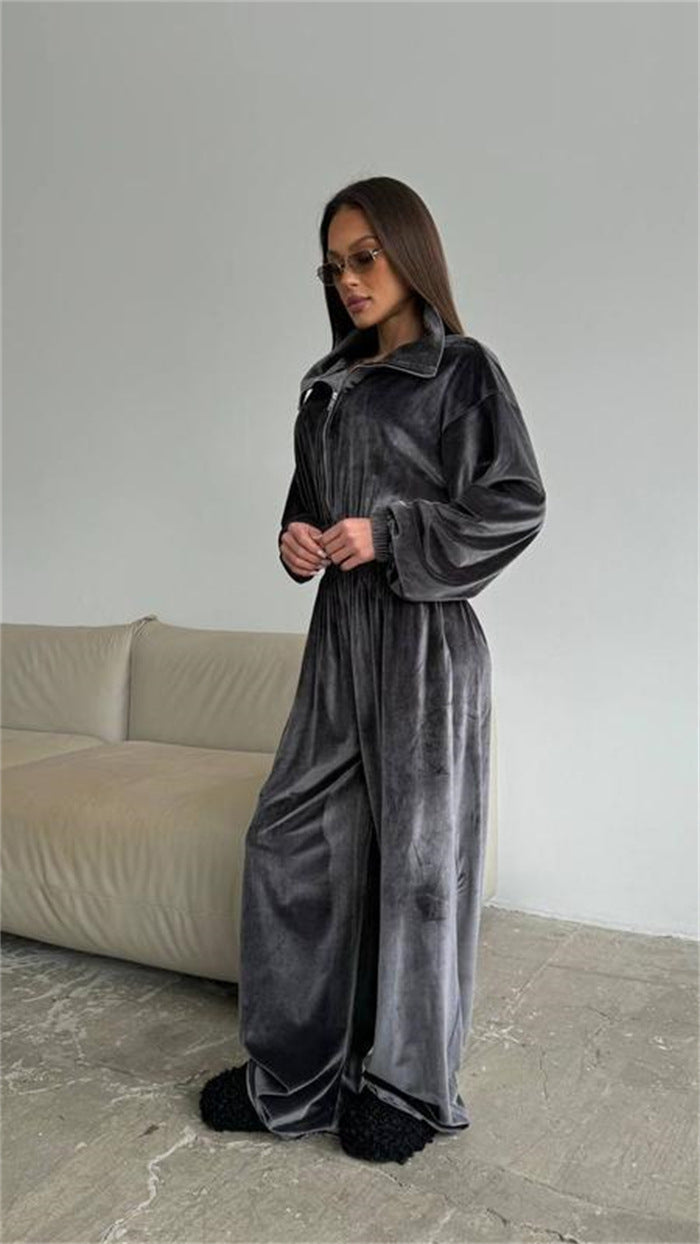 Damen Velours-Overall mit Reißverschluss, elastischem Taillenbund und weitem Palazzo-Bein Drune