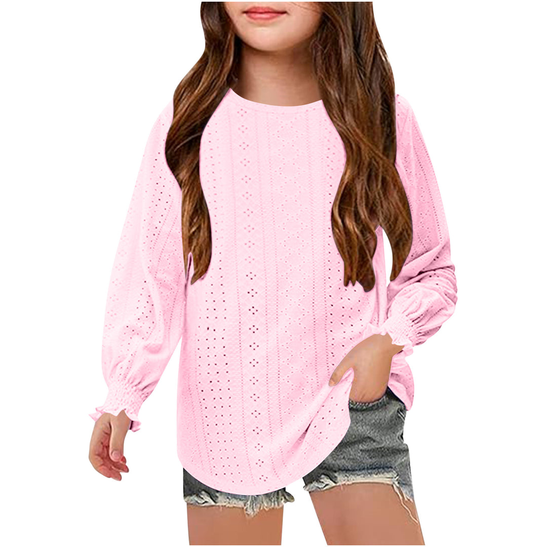 Damen Ajourgestricktes Oversize-Pullover-Shirt mit Ballonärmeln und Rüschenbündchen Drune