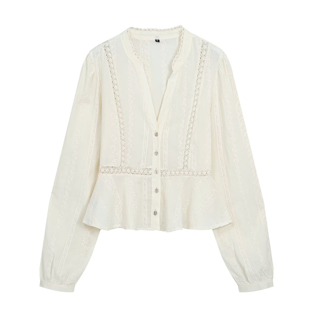 Damen Leichte Bluse mit Spitzenbesätzen, V‑Ausschnitt und taillierter Peplum‑Silhouette Drune