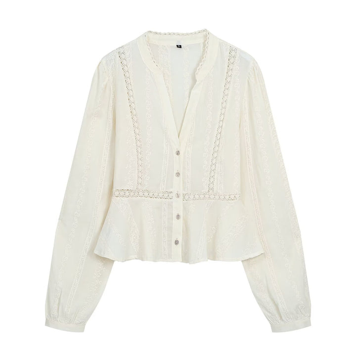 Damen Leichte Bluse mit Spitzenbesätzen, V‑Ausschnitt und taillierter Peplum‑Silhouette Drune