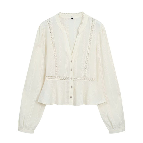 Damen Leichte Bluse mit Spitzenbesätzen, V‑Ausschnitt und taillierter Peplum‑Silhouette Drune