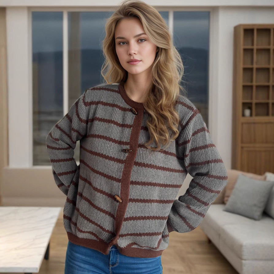Damen lässiger Strickcardigan mit eleganten Holzknopfdetails und stilvollem Streifenmuster Drune
