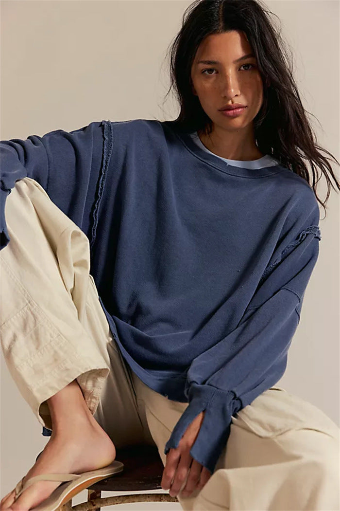 Damen oversized Sweatshirt mit Ballonärmeln, offenen Saumnähten und seitlichen Schlitzen Drune