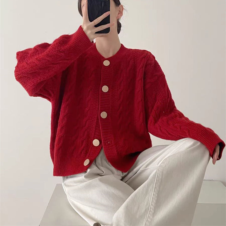 Damen Strickjacke mit Zopfmuster und großen Knöpfen Drune